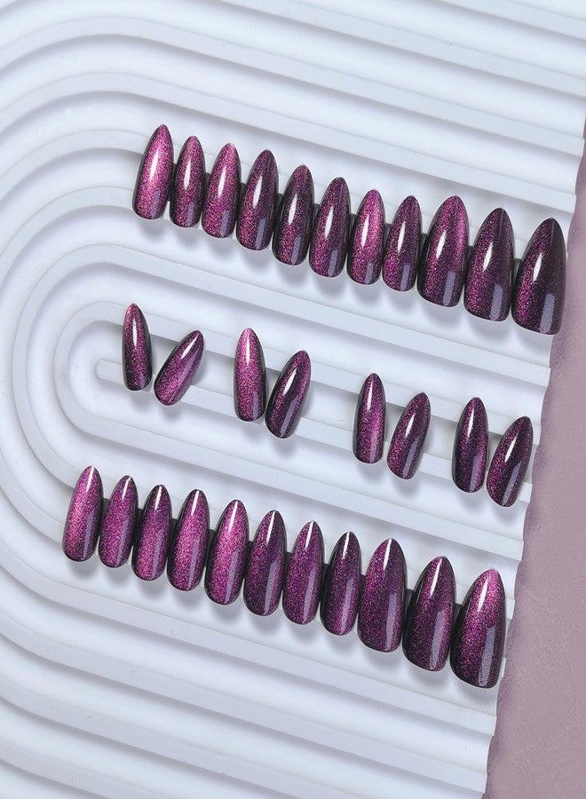 KQueenest Cat Eye Press On Nails Short Almond, Acrylic Press On Nails with Glue, Sparkle Purple Black Fake Nails Stiletto, Soft Gel Glue On Nails for Woman, Long-Lasting Glitter Effect, 30 Pcs - Image 3
